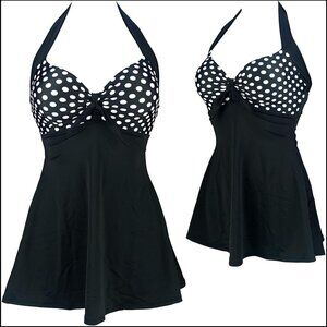 NWT Vintage Style Polka Dot Halter Neck Swim Dress, Black/White, Size XL/12-14
